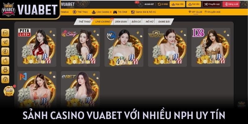 Sảnh casino VUABET với nhiều NPH uy tín